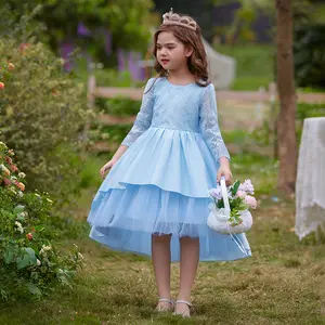 Nuovo aggiornamento all'ingrosso per bambini blu performance dress per bambini party pizzo abito da bambina abiti da principessa