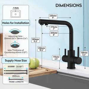 ก๊อกน้ำห้องครัวสแตนเลส 304 คลาสสิก พร้อมมือจับคู่ สีดำ สำหรับน้ำร้อนและน้ำเย็น เหมาะสำหรับโรงแรม - Product Image 3