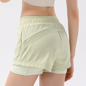 Shorts de course 2-en-1 pour femmes, taille haute élastique, couleur unie, avec poches latérales, anti-transparence, séchage rapide, respirant, pour l'entraînement (vente en gros) - Product Image 3