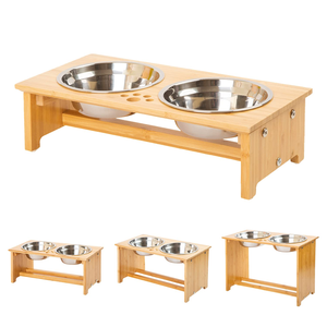 Elevated Bamboo Pet Bowl <b>Stand</b> Feeder for <b>Cats</b> and Small Dogs 2 Ceramic Bowls Included Raised Dog <b>Cat</b> Food and Water Bowl - Product Image 1