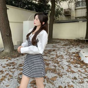 Otoño Corea diseño mujer muñeca cuello vestido a cuadros falsificar dos piezas Delgado manga larga moda dulce vestido de empalme - Product Image 3