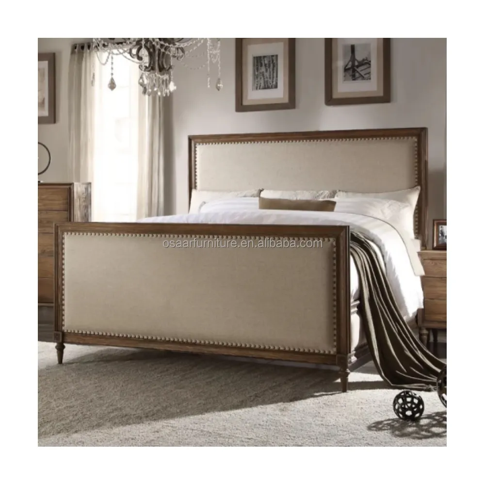 프랑스 침실 가구 클래식 조각 나무 골동품 킹 사이즈 플랫폼 침대