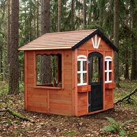 Moderna Casita de Juegos Prefabricada de Madera de Abeto para Exteriores con Ventanas y Porche, Puerta Segura para Patio Trasero, para Niñas