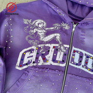 Nhà Sản Xuất Tùy Chỉnh Người Đàn Ông Của Cổ Điển Gấp <span class=keywords><strong>Zip</strong></span> Ngắn Áo Heavyweight Đường Phố Trang Phục Sun Fading Màn Hình In Thêu 3D - Product Image 3