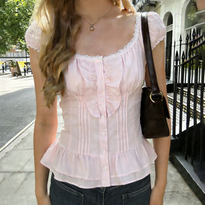 Blusa de Verano para Mujer con Volantes y Adornos de Encaje, Manga Corta, Ecológica, Transpirable, con Botones y Pliegues Tejidos - Product Image 2