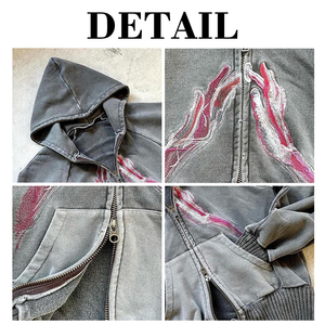 Custom Hoodies High Quality Men 100% Cotton Breathable Vintage Distressed Finish Washed Printing Embroidery Zip-Up Jersey Hoodie - Product Image 6