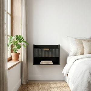 Table de <span class=keywords><strong>chevet</strong></span> murale moderne avec tiroir et étagère ouverte, table de nuit minimaliste en bois, table de nuit flottante pour chambre à coucher - Product Image 3