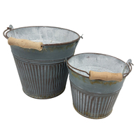 Ensemble de 2 seaux vintage en métal galvanisé avec poignée en bois, bacs à plantes rayés en fer vieilli pour plantes d'intérieur et d'extérieur
