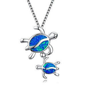 Collana con Ciondolo Tartaruga Marina in Opale Blu Oceano Mamma <span class=keywords><strong>e</strong></span> Cucciolo - Product Image 1