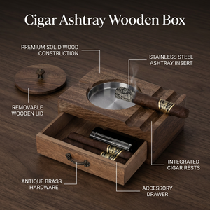 Vietnam Wooden Cigar Ashtray Wooden <b>Box</b> Windproof Lid Stainless Steel <b>Removable</b> Bowl Cigar Holder and Drawer Organizer - Product Image 4
