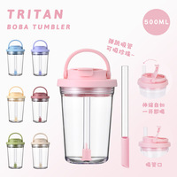 Tumbler Plastik Transparan 500ML Mewah 2025 dengan Gagang, Ramah Lingkungan, Dapat Digunakan Kembali, Termasuk Sedotan dan Sikat Pembersih, Logo Custom Dapat Diterapkan