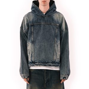 เสื้อฮู้ดดี้เดนิมผู้ชายคุณภาพสูง ผ้าฝ้าย 100% สำหรับฤดูหนาว ODM ทรงโอเวอร์ไซส์ สไตล์สตรีทแวร์ - Product Image 1