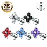 Piercing d'oreille en titane ASTM F136, labret à quatre feuilles de trèfle en zircon cubique rond, à filetage interne et dos plat, pour cartilage