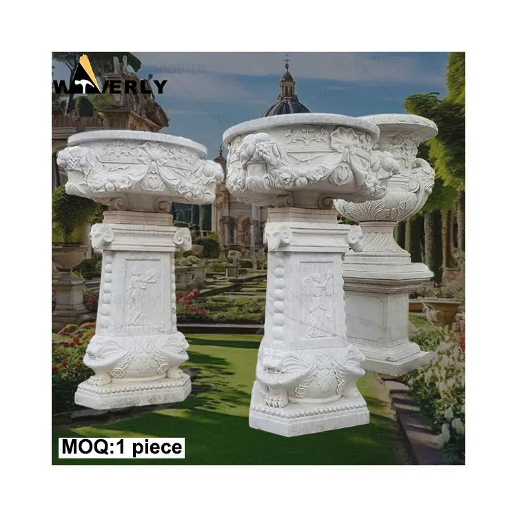 Außenvilla Garten Deko Naturstein geschnitzt große Blumentöpfe Luxus europäischen Stil weißer Marmor Design Blumentopf Preise