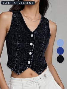Gilet en jean vintage pour femme, style rétro cowgirl, coupe courte avec col en V sexy, respirant pour le printemps et l'été - Product Image 1