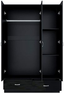 Modern High Gloss 3 Doors <strong>Wardrobes</strong> <strong>with</strong> 1 Mirror <strong>and</strong> 2 <strong>Drawer</strong> Closet <strong>with</strong> Hanging Rail <strong>Shelves</strong> Home Bedroom Furniture Black - Product Image 3