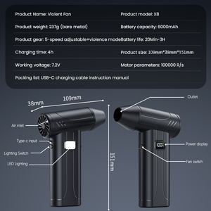 Ventilateur portable sans pales 6000 mAh rechargeable, cinq vitesses, haute vitesse, en plastique écologique, avec lumière USB, pour voiture et extérieur - Product Image 4