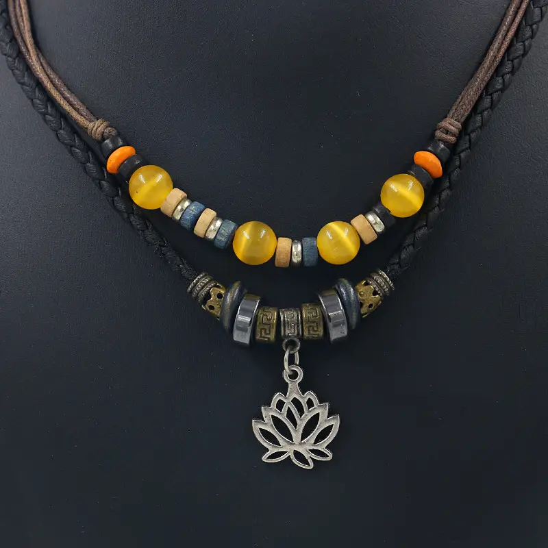 Bijoux de style ethnique colliers de pendentifs lotus en alliage de perles d'opale en corde de cuir multicouche pour femmes