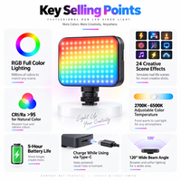 Lampe vidéo LED de poche RGB rechargeable et portable avec USB-C, température de couleur réglable pour le vlogging et le streaming en direct