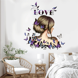 Silueta de chica bonita con flor y mariposa, adhesivo de pared duradero, papel tapiz de PVC autoadhesivo para habitación de niña, sala de estar - Product Image 2