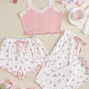 Conjunto <span class=keywords><strong>de</strong></span> tres piezas informal <span class=keywords><strong>de</strong></span> verano personalizado para mujer, pijamas florales sexis con logotipo frontal <span class=keywords><strong>de</strong></span> <span class=keywords><strong>piel</strong></span> <span class=keywords><strong>de</strong></span> <span class=keywords><strong>conejo</strong></span>, pantalones cortos finos con tirantes, ropa bonita para el hogar - Product Image 2