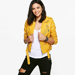 Veste en cuir écologique pour femme avec ceinture flatteuse, choix tendance, jaune - Product Image 1
