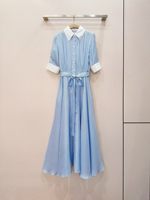 Robe longue 100 % soie pour femme, collection été 2026, idéale pour les soirées, col rabattu, imprimé rayé, manches courtes, bleu rose, longue robe maxi de luxe