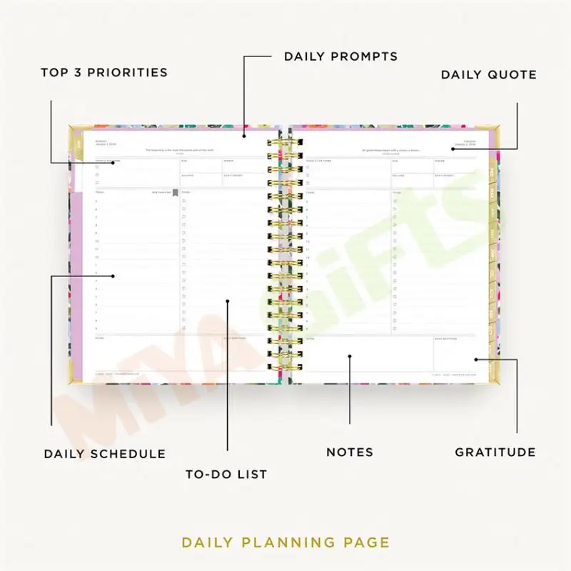포켓 플래너와 개인화 된 꽃 꽃 꽃 큰 금 이중 나선형 코일 일자 매주 월간 노트북 저널 의제