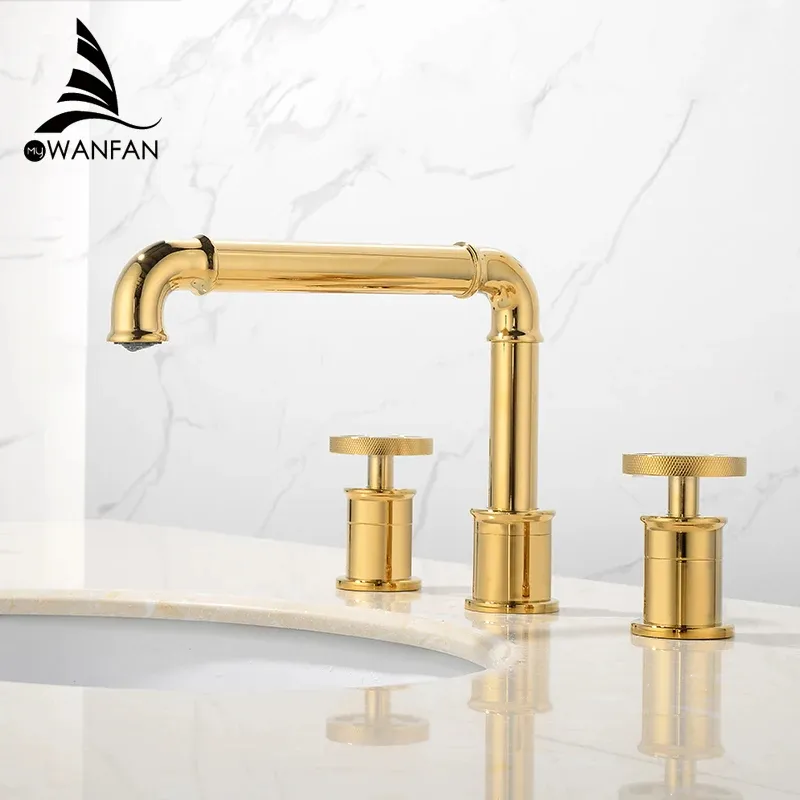 Gold Hotel Luxury Widespread Faucet Three Hole Two Handle Brass Sink Mixers Tap Hot Cold Bathroom Faucets Lavatory Basin Faucet