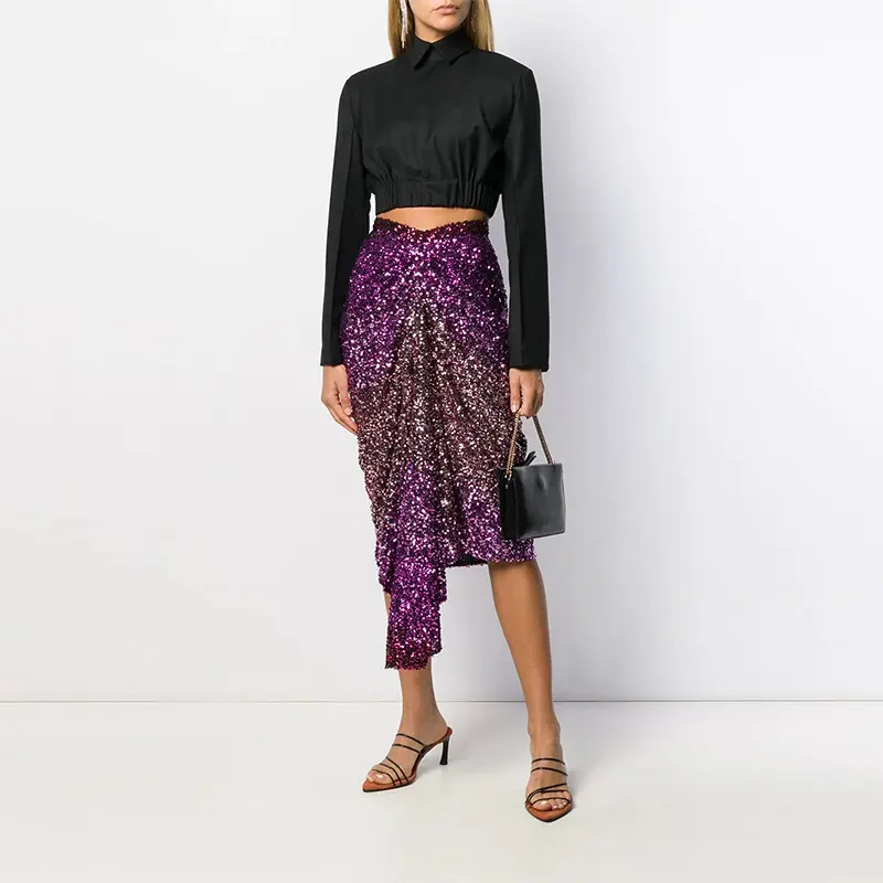 2020 Sequin Gradient Color High Waist Ruffle Asymmetrical Party Midi Skirt Women