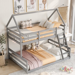 เตียงสองชั้นไม้รูปทรงบ้านสีเทาสำหรับเด็ก พร้อมบันได เฟอร์นิเจอร์ห้องนอน - Product Image 4