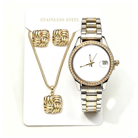 Conjunto de Joyería de Lujo para Mujer con Reloj Personalizable con Logotipo, Esfera Lisa, Acero Inoxidable, Pendientes de Nudo Tejido, Collar con Ventana de Fecha