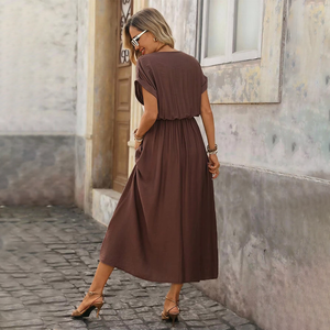 Abito lungo estivo da donna marrone con scollo a V e vita naturale, in tessuto ecologico traspirante, casual per vacanze, pendolarismo e appuntamenti - Product Image 6