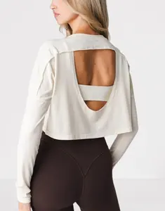 Custom lightweight breathable long sleeve tees for women cropped length t shirts flowy fit crop top hollow back sports layer