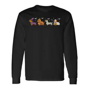 Camiseta de manga larga con estampado digital de perro Dachshund fantasma y calabaza para Halloween, unisex para adultos, cuello redondo - Product Image 1