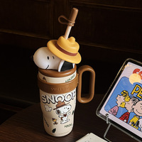 Gobelet isotherme en acier inoxydable 316 avec paille et chapeau décoratif, anti-fuite, pour l'extérieur, motif Snoopy