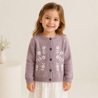 Kardigan Rajut Anak Perempuan Bordir Bunga Daisy Kerah Bulat Kancing Depan, Sweater Rajut Lembut, Label Pribadi Kustom, Pabrik OEM