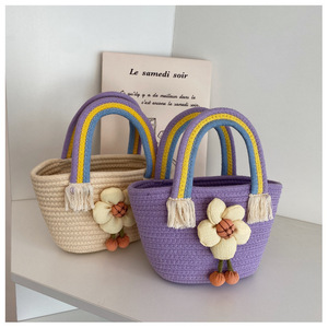 Women's Straw Handbag Off White Rainbow Handle Flower Decor Bucket Shape Everyday Fashion Trend Summer 2022 - Product Image 4