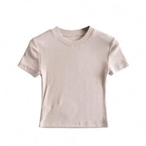 Camiseta de manga corta para mujer, cuello redondo, ajustada, acanalada, básica, informal, para yoga y entrenamiento - Product Image 4