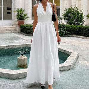 Women Summer Casual Midi <b>Dress</b> Cotton Solid Color Sweet Elegant Sleeveless V-neck Backless <b>High</b> <b>Waist</b> <b>Dress</b> - Product Image 1