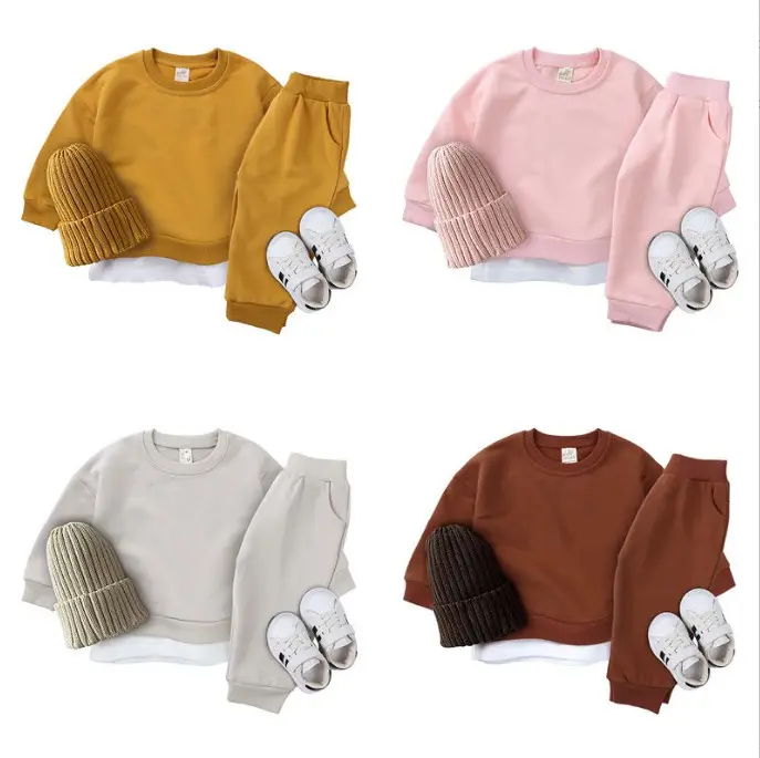 2022 Hot Selling Wholesale Boy Clothes Set Solid Color Baby Girls and Boys Pullover and Pants Set