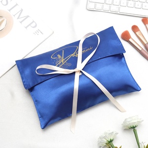 Reusable Custom Logo Printed Blue Satin <b>Envelope</b> Cosmetic Wallet Handbag Dust Pouch With Ribbon Tie Lingerie Gift Hair Wig Bag - Product Image 1