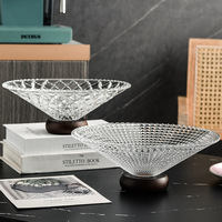 Plateau à fruits en verre transparent avec base en bois massif, coupe diamantée, bol à fruits surélevé, plateau de service décoratif pour la maison, table basse