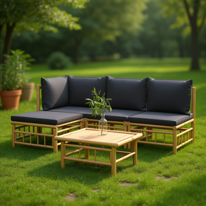 Salon de jardin avec structure en bambou et coussins pour usage extérieur, 6 places, style tropical - Product Image 2