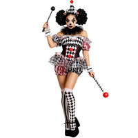 Costume de Clown Bouffon d'Halloween pour Femme en Gros, Robe Salopette Rouge et Noire à Diamants, Tutu à Volants pour Spectacle de Cirque