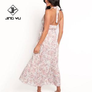 ชุดเดรสลำลองแบบผูกโบว์ลายดอกไม้หรูหรา ออกแบบโดยผู้ผลิต ชุดเดรสคอ halter ผ้าฝ้ายสั่งทำพิเศษ ความยาวปานกลาง - Product Image 5