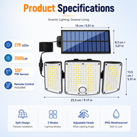 Lampe solaire à détecteur de mouvement 278 LED 3500LM à 3 têtes réglables, lampe murale de sécurité extérieure avec télécommande, étanche IP65, pour jardin