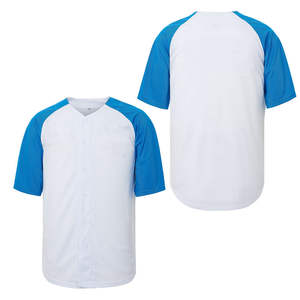 Jersey Baseball Kasual Putih dengan Lengan Biru untuk Latihan, Bordir Custom, Sablon, Grosir, Kemeja Softball Kancing - Product Image 2