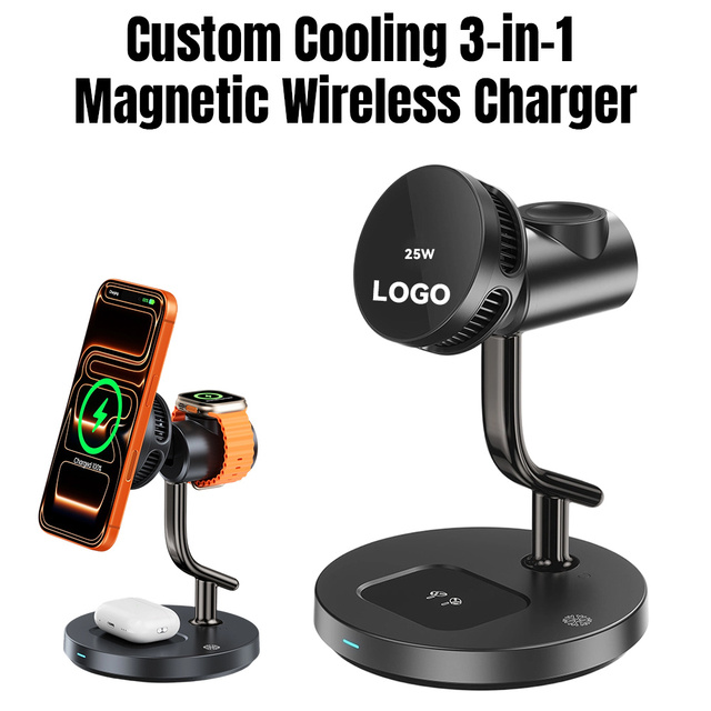 25W Magnetic Wireless Charger Stand with Built in Cooling Fan 3 in 1 Fast Charging Dock With Night Light