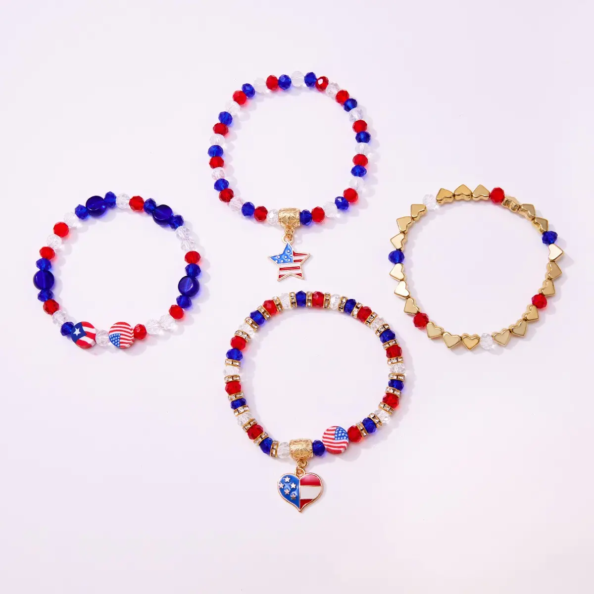 Unabhängigkeitstag Polymer Lehmband Rot weiß blau Perlen mit Herz Anhänger Armbänder-Set